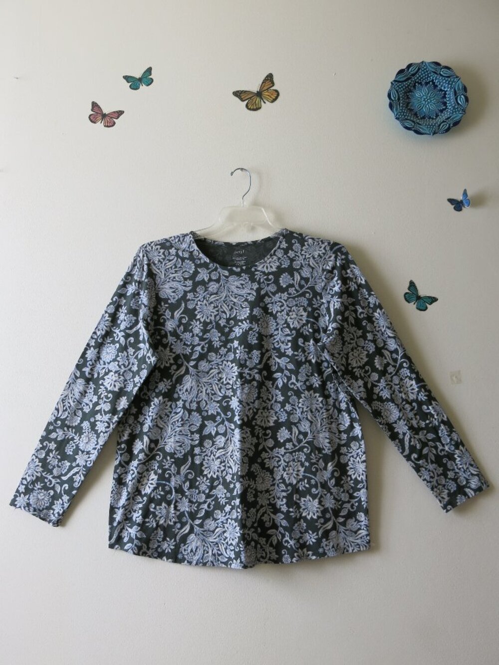 J. Jill Pure Jill Floral Relaxed Long Sleeve Pima Cotton Shirt Tail Tee Size L